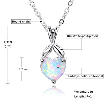 VOLUKA Created Opal/Amethyst/Mystic Topaz Pendant Necklace for Women,18K White/Rose Gold Plated Chain Wedding Engagement Jewelry Gift - color: D-Heart necklace-white gold plated