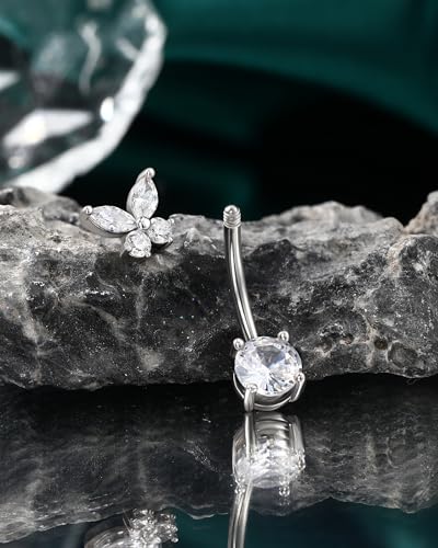 COCHARM 14G Butterfly Belly Button Rings Stud Silver Belly Navel Rings for Women Clear Belly Piercing Jewelry Stainless Steel