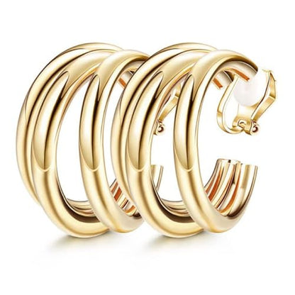 Non Pierced Gold Tone Clip On Hoop Earrings - style: Triple Open Hoops