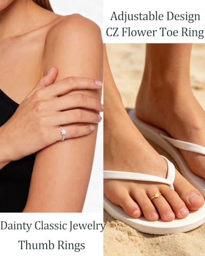 XAYAH 925 Sterling Silver Dainty Flower CZ Toe Ring for Women Daughter Mom | 14K Gold Plated Non Tarnish Stylish Toe Rings Waterproof Adjustable Summer Beach Party Foot Band Ring Wedding Jewelry Gifts - color: Silver