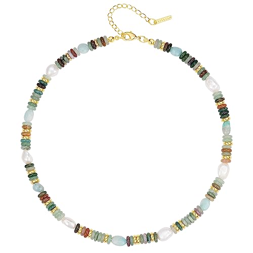 KissYan Beaded Gemstone Necklaces for Women | Colorful Bead Natural Stone Choker with 14K Gold Plated Spring Ring Clasp, Handmade Knot Jewelry for Summer Beach - color: D-Green Aventurine