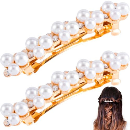 2 Pcs Pearl Rhinestone Hair Clips, Pearl-Embellished Barrette, Elegant Pearls Barrettes for Women, Party, Wedding, Daily Use, Graduation (Gold) - color: Pearl - Style B