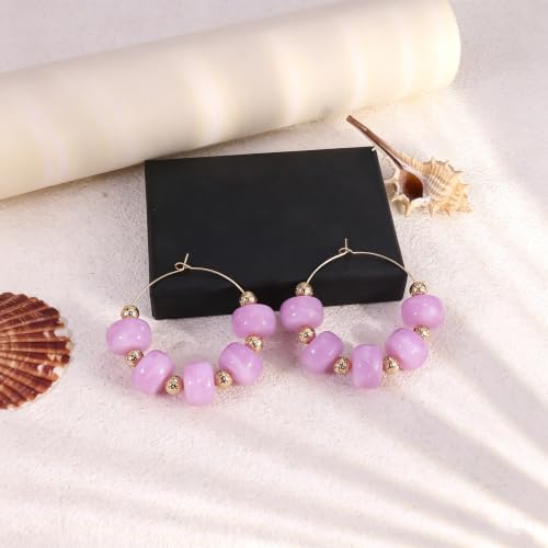 Colorful Beaded Earrings for Women Beaded Hoop Earrings | Chunky Acrylic Resin Boho Statement Drop Earrings Trendy Summer Beach Jewelry Accessories Gifts - color: Purple