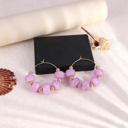 Colorful Beaded Earrings for Women Beaded Hoop Earrings | Chunky Acrylic Resin Boho Statement Drop Earrings Trendy Summer Beach Jewelry Accessories Gifts - color: Purple
