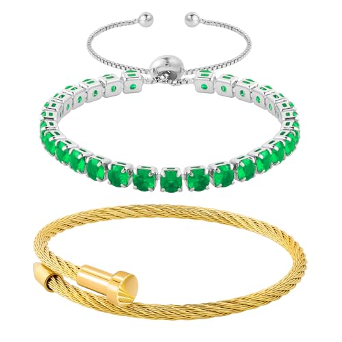 2PCS 18K Gold Plated Nail Bangle & Chain Bracelet Set for Women, Adjustable Stackable Bangle Jewelry, Dainty Gold Bracelet Gift for Women - color: Tennis-set C