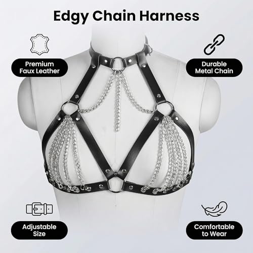 Punk Black Leather Chest Harness Bra Cage Style Shoulder Strap Body Chain Belt, Layered Chest Chain Rave Nightclub Belly Bra Jewelry Accessory for Women Halloween Carnival