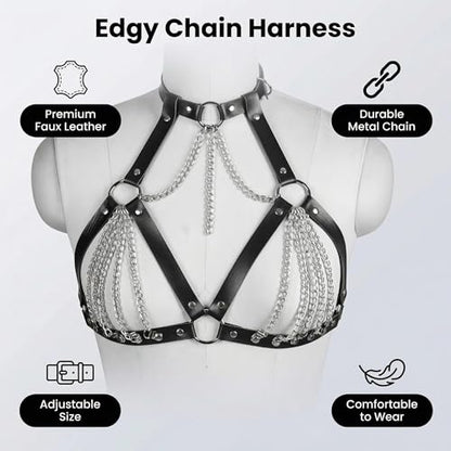 Punk Black Leather Chest Harness Bra Cage Style Shoulder Strap Body Chain Belt, Layered Chest Chain Rave Nightclub Belly Bra Jewelry Accessory for Women Halloween Carnival