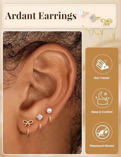 Freekiss 3 Pairs Backless Half Hoop Earrings Set for Women | 14K Gold Plated CZ Stay Close Hoop Earrings, Hypoallergenic Huggie Stackable Earring for Everyday & Sleep Wear Jewelry Gift - color: Pearl Bow CZ-GD