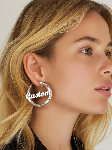 FindChic Twisted Hoop Earrings for Women, Silver/Black/14K Gold Plated Hypoallergenic Hollow Tube Rounded Loop Earrings, 30mm/40mm/60mm/80mm Hoops with Custom Name Options and Gift Box - color: e.Silver (Custom Name), size: 40MM