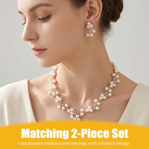 Faux Pearl Bridal Jewelry Set,Necklace Earrings Wedding Set | Vintage Flower Design, Hypoallergenic, Lightweight.