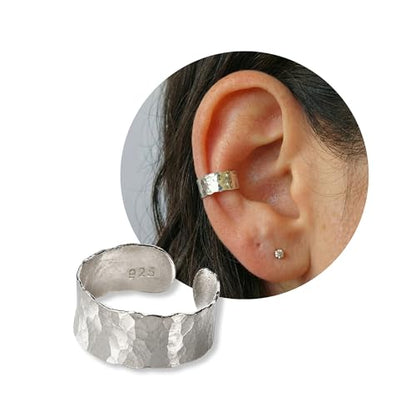 925 Sterling Silver Ear Cuff, Handmade Single Band Adjustable Non Piercing Clip On Cartilage Earring, Minimalist Ear Wrap Faux Piercing Jewelry for Women - style: Hammered Band