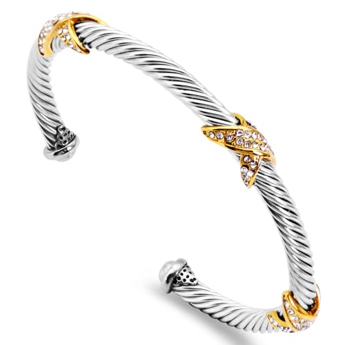 Twisted Cable Cuff Bracelets for Women 5mm Stainless Steel Cuff Bangle Bracelet Designer Inspired Jewelry Valentine Day Gift - color: C Silver & Gold