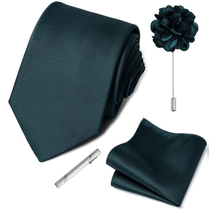 joy alice 30 Colors Solid Ties for Man Pure Color Men's Tie Set with Lapel Pin Pocket Square Tie Clip - color: Dark Green