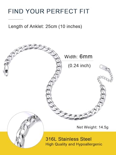 ChainsPro Resizable Anklet Chain for Women Men, Figaro/Wheat/Twist Rope/Cuban Foot Bracelet-Strong with Good Clasp-18K Gold Plated(Send Gift Box) - color: 00:cuban-Stainless-6mm