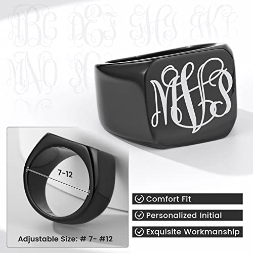 GoldChic Jewelry Personalized Signet Rings Men Women, Stainless Steel Custom Photo Bold Square/Oval Monogram/Old English Initial Pinky Stacking Statement Ring in Black/Silver/Gold (Size 7-14) - color: Black-Monogram -Square