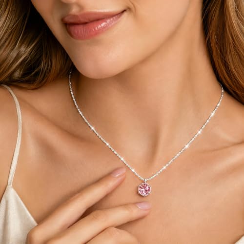 Women S925 Silver Necklace with Sparkling 3D Cubic Zirconia Pendant, Hypoallergenic Fashion Jewelry for Banquet and Wedding, Great Valentine’s Day and Mother’s Day Gift - color: Pink