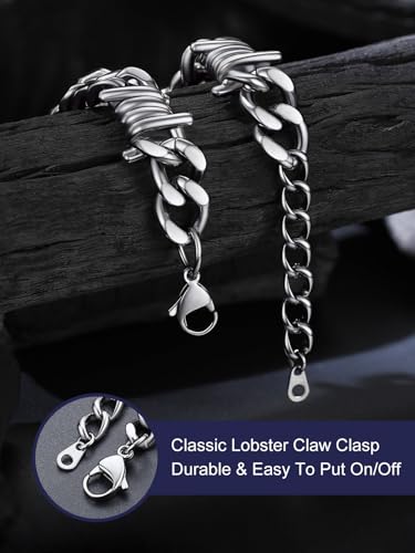 Bandmax Barbed Wire Chain Bracelets for Men Women Stainless Steel/Black/Gold Thorn Cuban Link Bracelet Adjustable Punk Emo Style Jewelry Gift - color: 10 12MM-Silver Tone