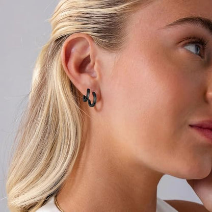 micuco 3 Pairs Small Gold Hoop Huggie Earrings Set for Women Men Tendy | 14K Gold Plated Small Huggie Hoop Earrings for Men, Tiny Cartilage Hypoallergenic Earring Set - style: T# SCZ Black 8-8-8mm