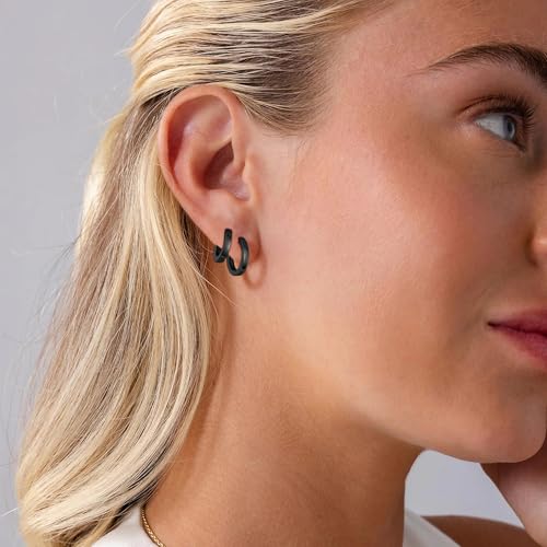micuco 3 Pairs Small Gold Hoop Huggie Earrings Set for Women Men Tendy | 14K Gold Plated Small Huggie Hoop Earrings for Men, Tiny Cartilage Hypoallergenic Earring Set - style: S# SCZ Black 8-10-12mm