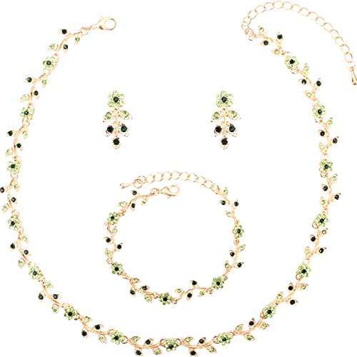 Austrian Crystal Rhinestone Choker Necklace Dangle Earring Link Bracelet Jewelry Set for Brides Bridesmaid Prom Costume Accessories for Women - color: En001-Green-Gold Plated