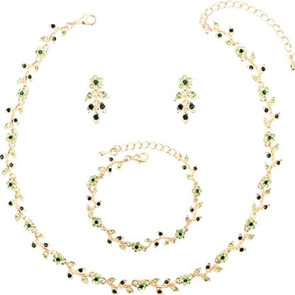 Austrian Crystal Rhinestone Choker Necklace Dangle Earring Link Bracelet Jewelry Set for Brides Bridesmaid Prom Costume Accessories for Women - color: En001-Green-Gold Plated