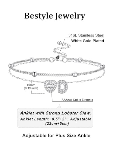 Bestyle Initial Anklet Bracelets for Women Waterproof Non Tarnish 14K Gold/White Gold Plated CZ Anklets for Women Dainty Layered Letter Heart Ankle Bracelets Adjustable Foot Chain Anklet - color: D