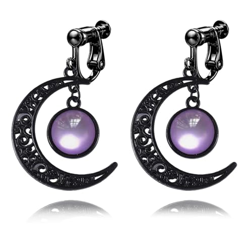 Gothic Moon Clip On Earrings for Women Black Filigree Dangle Moon Earrings Halloween Witch Earring Colorful Crystal Vampire Earring Accessories Halloween Jewelry Gifts - color: Purple