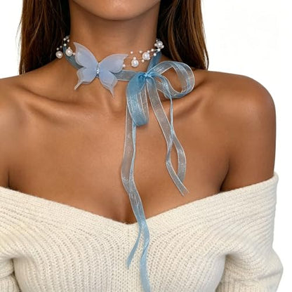Lace Butterfly Necklace Dainty Pearl Beaded Bow Tie Ribbon Necklaces Long Elegant Lace Fairy Tassel Choker White Black Pink Blue Butterfly Choker Necklaces Cute Butterfly Jewelry Y2K Aesthetic Jewlery for Wedding Party Prom - color: Blue