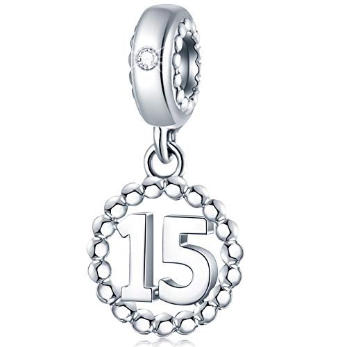 5,10,15,16,17,18,20,21,25,30,35,40,42,49,50,55,60,65,70 Number Charms for European Bracelet, 925 Sterling Silver Birthday Pendant Beads with CZ, Gifts for Mothers Day/Anniversary - color: 15 Birthday Anniversary Charm