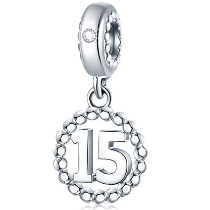 5,10,15,16,17,18,20,21,25,30,35,40,42,49,50,55,60,65,70 Number Charms for European Bracelet, 925 Sterling Silver Birthday Pendant Beads with CZ, Gifts for Mothers Day/Anniversary - color: 15 Birthday Anniversary Charm