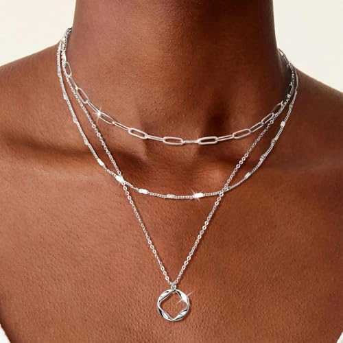 925 Silver Layered and 14K Gold Plated Necklace for Women – Circle Pendant Adjustable Stacking Chain, Retro Modern Jewelry for Special Occasion Gift - color: Silver