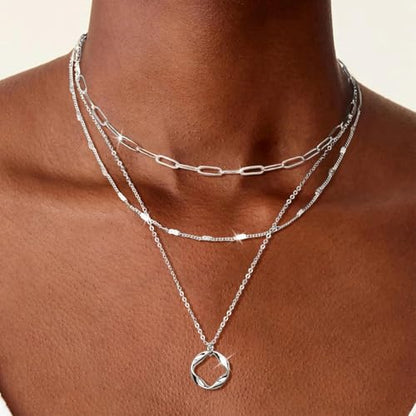 925 Silver Layered and 14K Gold Plated Necklace for Women – Circle Pendant Adjustable Stacking Chain, Retro Modern Jewelry for Special Occasion Gift - color: Silver
