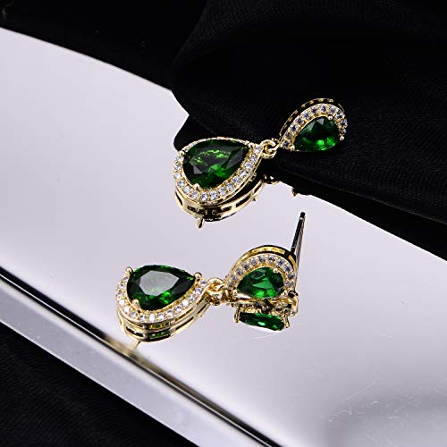Pave Teardrop Earrings for Wedding Sterling Silver Double Pear Shaped CZ Cubic Zirconia Crystal Rhinestone Birthstone Dangle Earrings Bridal Jewelry for Bride Bridesmaids - color: Graceful Emerald