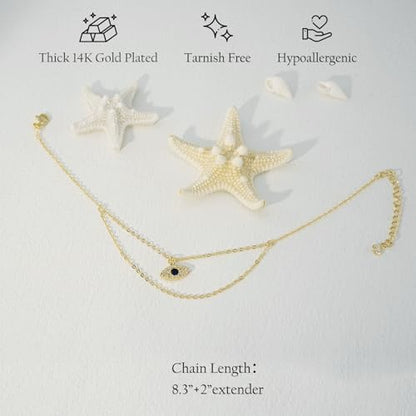 NIXMAX Gold Anklets for Women, Waterproof Chain Trendy Ankle Bracelets | Non Tarnish, Adjustable Fit, 14K Gold Plated, Dainty Layered Looks, Summer Beach Vacation Body Jewelry, Gifts for Women - color: Gold-Evil eye