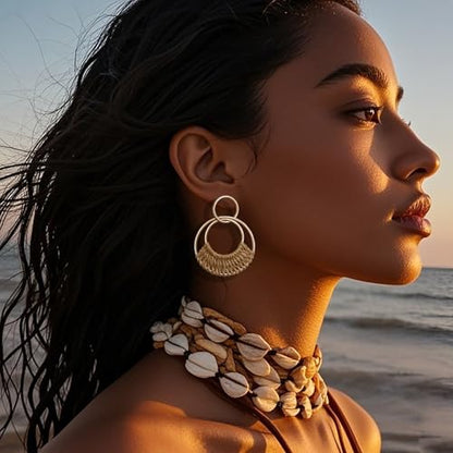 Raffia Hoop Earrings for Women Fun Boho Summer Beach Earrings Lightweight Handmade Straw Wicker Rattan Dangle Earrings Statement Geometric Round Drop Earrings - color: Set - Round