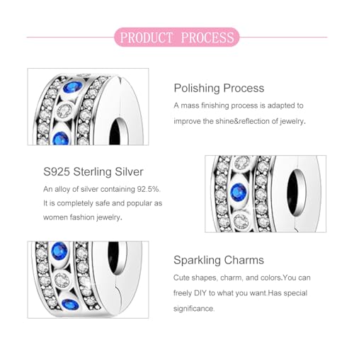 925 Sterling Silver Openable Clip Spacer Bead Fits Pandora Bracelet | Hypoallergenic Clip Stopper Charm, Star Clover Butterfly Floral Mom Heart Paved Zircon Gift for DIY Charm Bracelet Jewelry - color: Blue White Zircon Paved