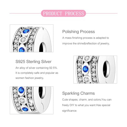 925 Sterling Silver Openable Clip Spacer Bead Fits Pandora Bracelet | Hypoallergenic Clip Stopper Charm, Star Clover Butterfly Floral Mom Heart Paved Zircon Gift for DIY Charm Bracelet Jewelry - color: Blue White Zircon Paved