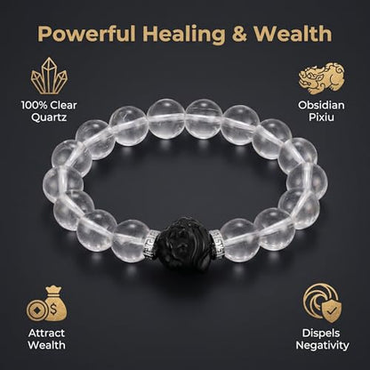 Black Obsidian Beaded Bracelet with Pixiu Charm for women men | Natural Stone with Sapphire Beaded, Good Luck, Wealth, Feng Shui,Matching bracelets for couples,Friendship bracelets - color: White
