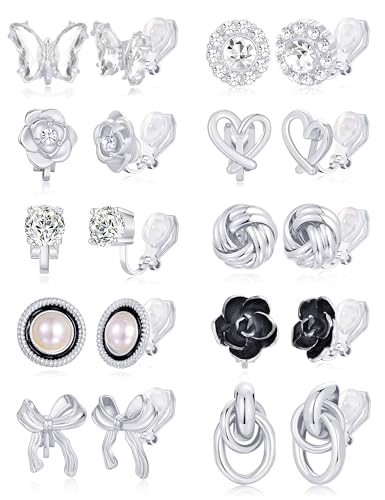 Tornito 10-15 Pairs Clip on Stud Earrings Non Pierced Teardrop Round Square CZ Pearl Twist Knot Flower Butterfly Heart Star Rainbow Cat Opal Clip on Earrings for Women - color: L:10 Pairs Silver Tone