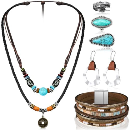 Ecally Bohemian Western Jewelry Turquoise Set Women Country Pendant Long Choker Layered Bracelets Earrings Ring for Women - color: Turquoise, style: Artistic