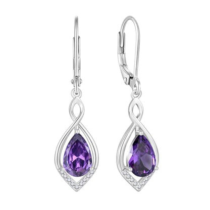 Infinity Teardrop Earrings 925 Sterling Silver Dangle Drop Leverback Earrings Birthstone Jewelry for Women - color: Purple