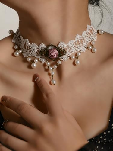 Lace Choker Necklace for Women Tassel Pendant Choker Necklaces Elegant Boho Collar Necklaces Statement Artistic Chain Necklace with Pearl Halloween Party Cosplay Costume Jewelry - color: White Pearl Rose