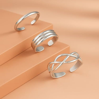 LeCalla 925 Sterling Silver Open Toe Rings Set for Women Adjustable Minimalist Toe Rings Summer Beach Foot Jewelry - color: 02. Trio (3 PCS)