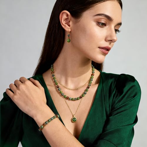 Beaded Necklaces for Women 3Pcs Colorful Boho Gemstone Bead Choker Summer Natural Stone Surfer Beach Bead Necklace Bracelets Earring Set Handmade Jewelry for Women Gift Jewelry Sets - color: Olive Green