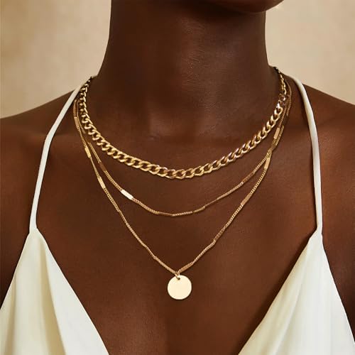 Evabelle Gold Layered Necklace for Women Trendy Jewelry 14K Real Gold Plated Chunky Chain Stackable Necklaces Dainty Choker Necklaces Rectangle Square Pendant - color: Gold Necklace 08
