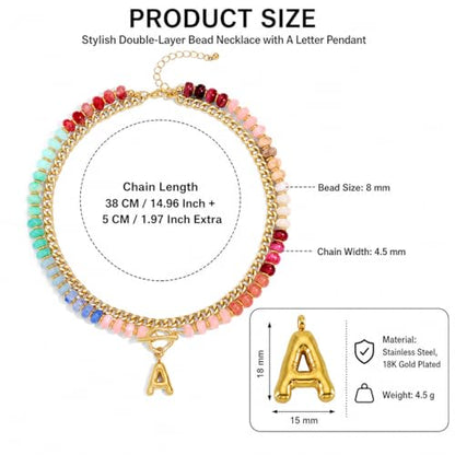 Colorful Beaded Bubble Letter Necklace For Women, Boho Double Layer Dopamine Rainbow Resin Beads Thick Cuban Chain Chunky With Initials Pendant Necklaces Summer Beach Jewelry Gift ﻿ - color: Dop K