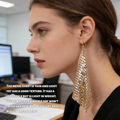 Mesh Sequin Tassel Long Drop Earrings for Women, Lightweight Metal Grid Fringe Dangle Earrings, Colorful Sparkly Alloy Wedding Bridal Party Jewelry (1 pair) - color: Gold