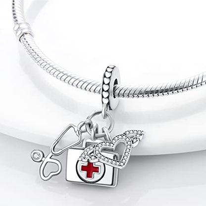 925 Sterling Silver Charm for Bracelet Necklace Women Dangle Pendant Beads | Love Faith Mom Ocean travel Butterfly Party Charm Beads Pendants DIY Jewelry Gift - color: Stethoscope First Aid Kit Pendant