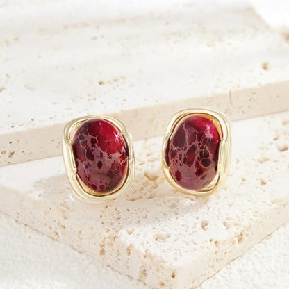 YOQUCOL Natural Stone Trendy Clip On Stud Earrings for Women Gold Plated Non Pierced Statement Earrings Fashion Jewelry - color: Oval-Red