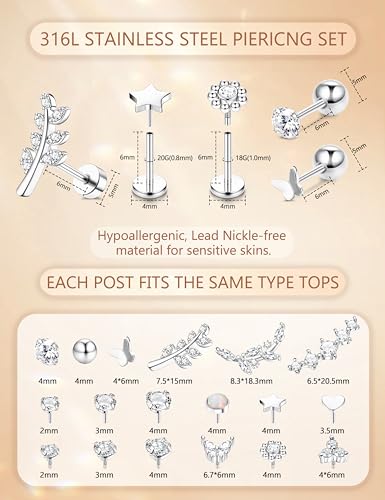 ZELORES Cartilage Earrings for Women Hypoallergenic Surgical Steel Flat Back Stud Earrings Set 18K Gold Plated Push in Nose Studs Screw on Lip Labret Helix Tragus Piercing Jewelry 16G 18G 20G